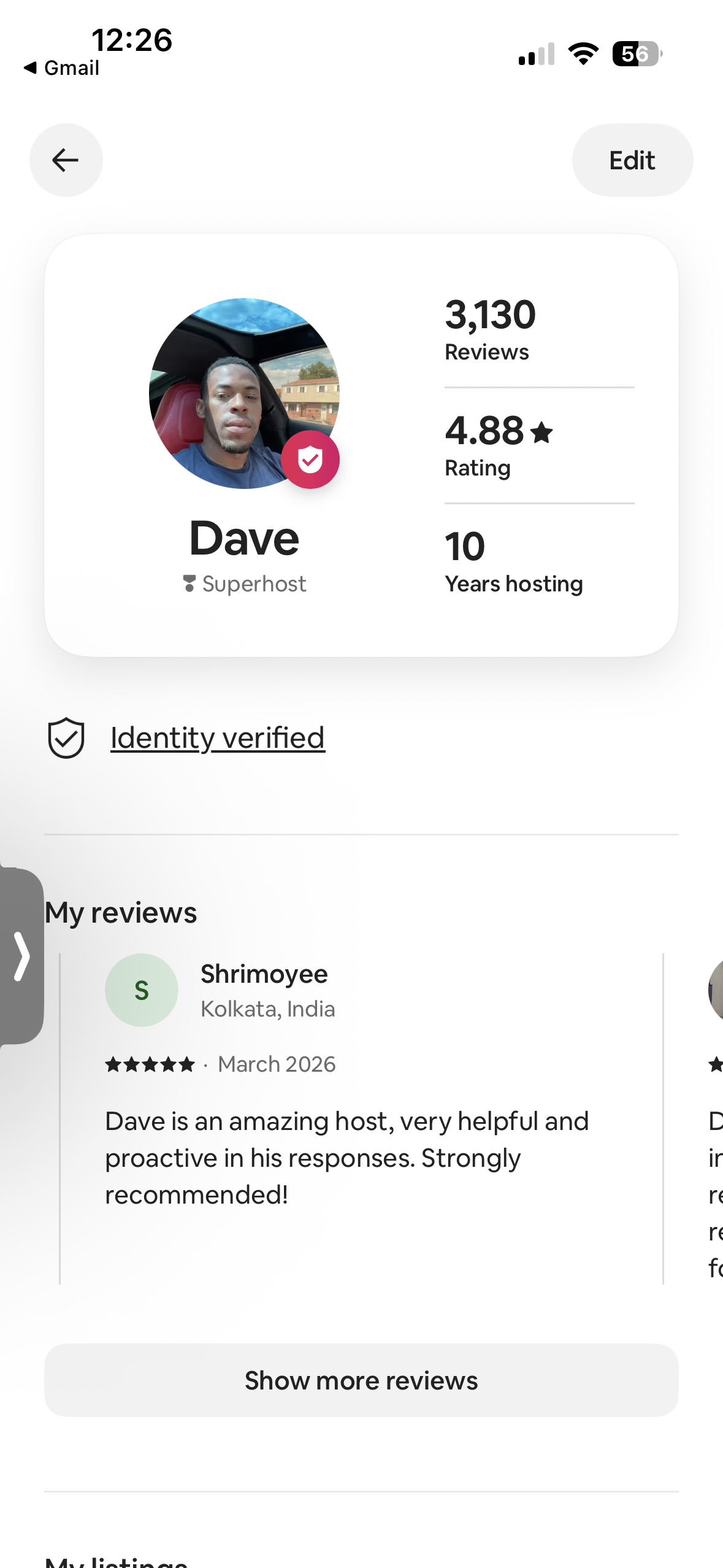 David's Airbnb host profile: Superhost, 3,130 reviews, 4.88 rating, 10 years hosting